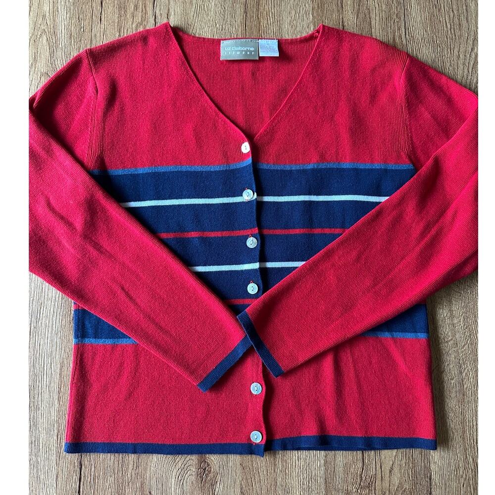 Liz Claiborne Vtg Red Striped Cardigan Sweater Size Small
